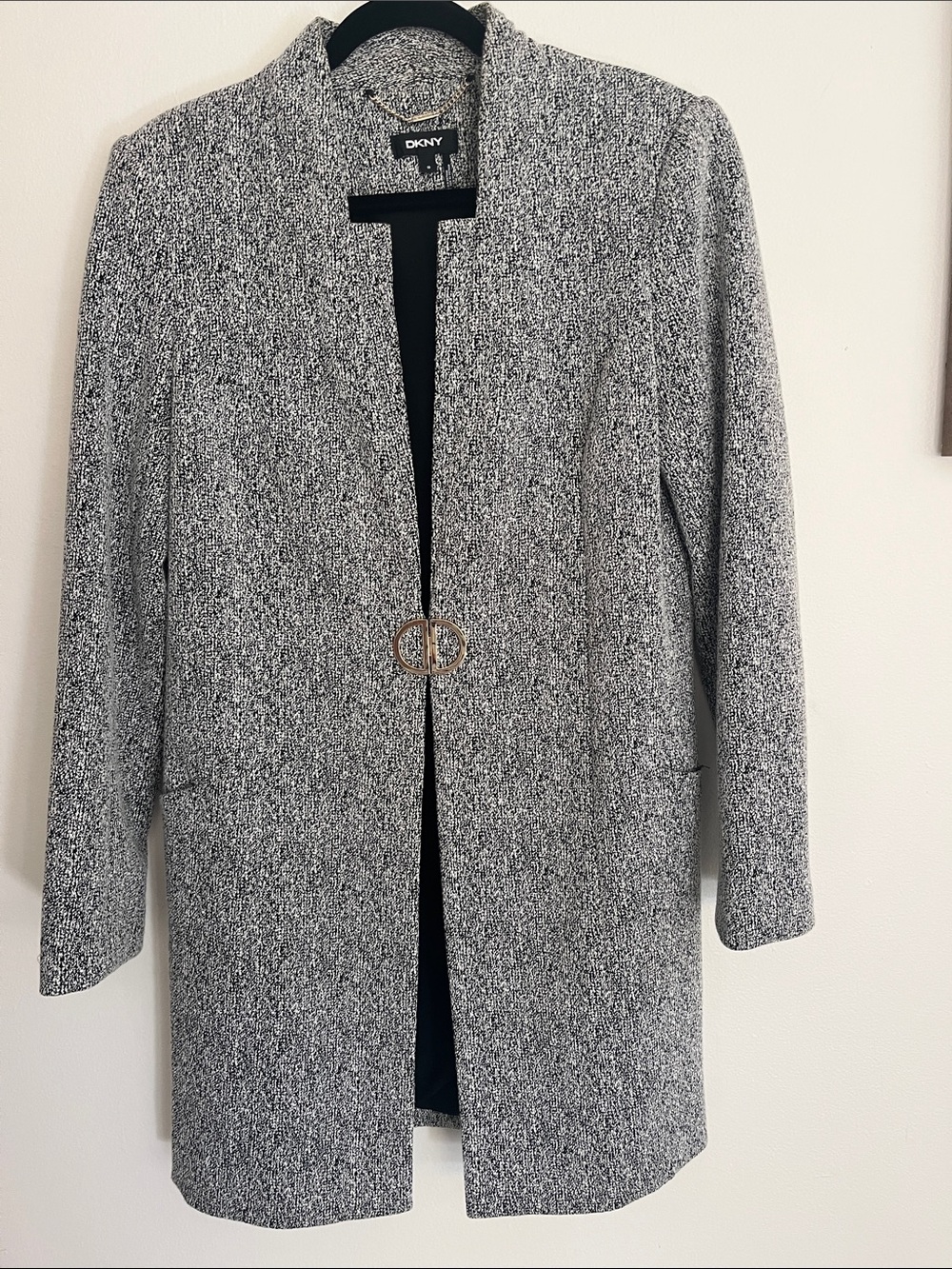 DKNY Grey Textured Open-Front Blazer with Decorative Ring Closure